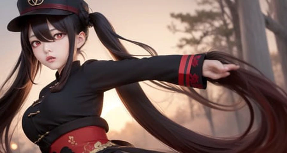 hu tao (genshin impact), boo tao, hat, red eyes, twintails, brown hair, solo, symbol-shaped pupils, long hair, bangs, black shorts , chinese clothes, best quality, masterpiece, detailed, floating hair, upper body, detailed face, beautiful eyes, fall season, trees, sunset, flat boobs
<lora:huTaoGenshinImpact_v12:0.4>