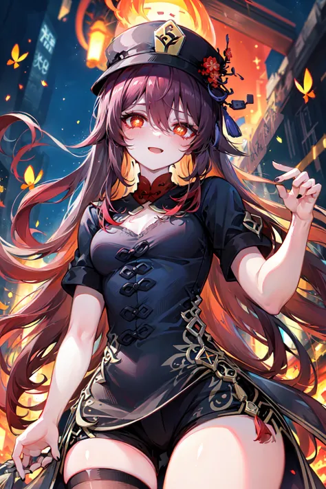 1girl, bangs, black_headwear, black_legwear, black_nails, blush, breasts, brown_hair, hair_between_eyes, red_eyes, hat, short_shorts, (black_dress), (((hu_tao_\(genshin_impact\)))), boo_tao_\(genshin_impact\), fire, butterfly, red_butterfly, nuke, nuclear, explosion, ((polearm)), weapon, long_hair, looking_at_viewer, nail_polish , (((night))), red_nails, smile, solo, thighs, twintails, very_long_hair, symbol-shaped_pupils, open_mouth, seductive_smile, ((illustration)),(((masterpiece))),((best quality)),(High resolution), hignity 8k wallpaper,(beautiful detailed eyes),(detailedlight),(highres),chiaroscuro,sunlight, blur_censor, blurry, blurry_background, blurry_foreground, bokeh, ((chromatic_aberration)), depth_of_field, film_grain, focused, motion_blur, photo_\(medium\), light_rays, dust, fireflies, glowing, light_particles, future style \(module\), nigh, neon lights, haze, moss, face focus, ((from below)), cinematic angle, <lora:huTaoGenshinImpact_v12:1>