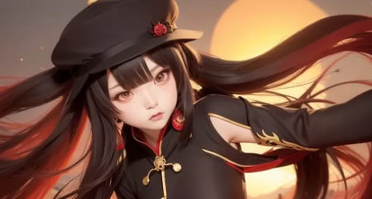 hu tao (genshin impact), 1girl, boo tao, hat, red eyes, twintails, brown hair, solo, symbol-shaped pupils, long hair, bangs, black shorts, chinese clothes, best quality, masterpiece, detailed, floating hair, detailed face, beautiful eyes, fall season, trees, sunset, flat boobs
<lora:huTaoGenshinImpact_v12:0.4>