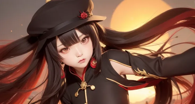 hu tao (genshin impact), 1girl, boo tao, hat, red eyes, twintails, brown hair, solo, symbol-shaped pupils, long hair, bangs, black shorts, chinese clothes, best quality, masterpiece, detailed, floating hair, detailed face, beautiful eyes, fall season, trees, sunset, flat boobs 
 <lora:huTaoGenshinImpact_v12:0.4>