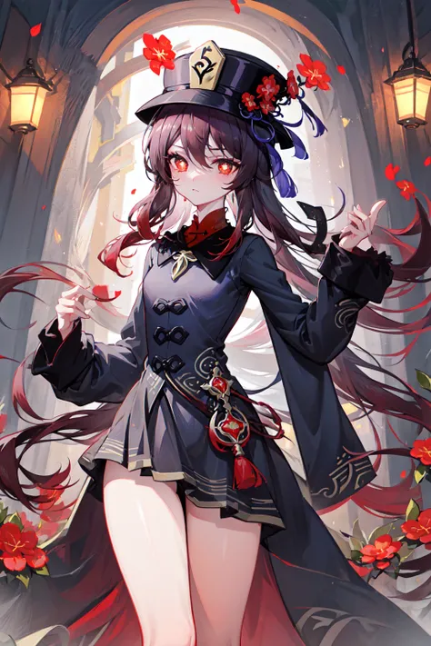 2d, masterpiece, best quality, anime, highly detailed eyes, highly detailed face, highly detailed background, perfect lighting, cowboy shot, feet out of frame, 1girl, solo, standing, hu tao \(genshin impact\), symbol-shaped pupils, flower-shaped pupils, hat, red flower, red eyes, cherry blossoms , <lora:huTaoGenshinImpact_v12:1>