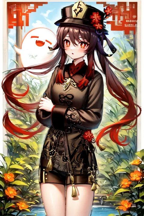 highly detailed background, very detailed background, masterpiece, best quality, 1girl, hu tao (genshin impact), boo tao,hat, red eyes, twintails, brown hair, solo, symbol-shaped pupils, long hair,bangs, black shorts , chinese clothes, garden, night