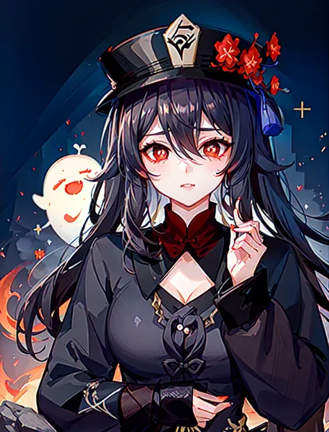 sexy girl,HU TAO(GENSHIN IMPACT) ,BOO TAO, SYMBOL SHAPED PUPILS <lora:huTaoGenshinImpact_v12:1>,black hat,(prays),cute face,big bust, (illustration), (anime), cartoon, detailed