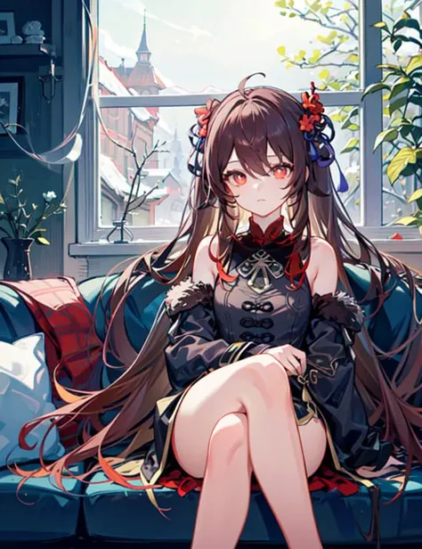 (incredibly_absurdres:1.3),(masterpiece,best quality,ultra-detailed:1.6),illustration,colorful,1girl,solo,<lora:huTaoGenshinImpact_v12:0.7>,hu tao(genshin impact),beautiful detailed eyes,cute face,beautiful girl,lovely,long hair,red eyes,brown hair,bangs,twintails,solo,(wide shot),(fur-trimmed dress:1.2),(winter:1.2),snow,living room,sofa,on sofa, window,(night:1),start,looking at viewer, crossed legs,