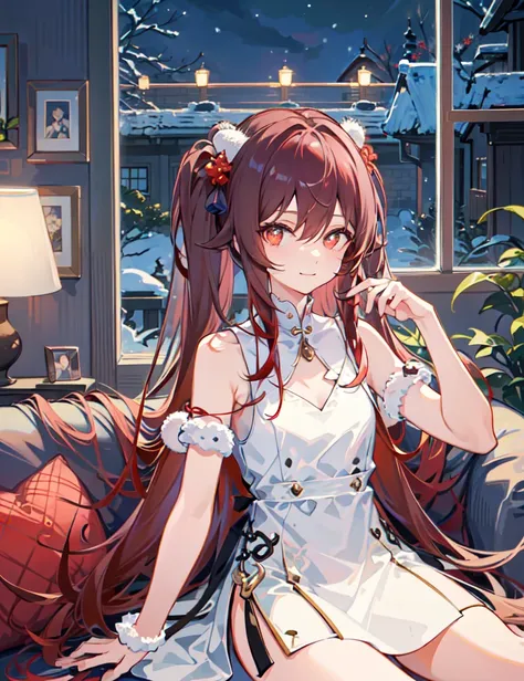 (incredibly_absurdres:1.3),(masterpiece,best quality,ultra-detailed:1.6),illustration,colorful,1girl,solo,<lora:huTaoGenshinImpact_v12:0.7>,hu tao(genshin impact),beautiful detailed eyes,cute face,beautiful girl,lovely,long hair,red eyes,brown hair,bangs,twintails,solo,(cowboy shot),(white fur-trimmed dress:1.3),(winter:1.2),smile,snow,living room,sofa,on sofa,(bare legs:1.2), window,(night:1),start,