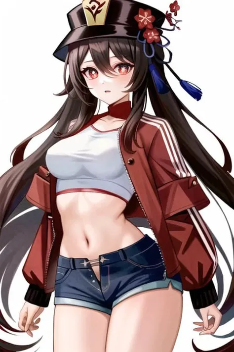 masterpiece, best quality,
1girl, hu tao (genshin impact), hat, red eyes, twintails, brown hair, solo, symbol-shaped pupils, long hair, looking at viewer, bangs, flower-shaped pupils, hair between eyes, crop top,jacket,navel , midriff,standing, medium breast ,highleg panties , shorts, cowboy shot <lora:hutao_v2:0.7>