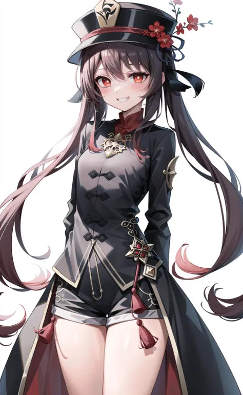 (masterpiece:1.3), (best quality), 1girl, small breasts, very detailed red eyes, very detailed face, white background, highres, absurdres, grin, standing, very detailed, looking at viewer, cowboy shot, solo, vivid colors, <lora:huTaoGenshinImpact_v12:0.8>, hu tao (genshin impact), symbol shaped pupils, hat, long brown hair, bangs, twintails, flower-shaped pupils, black coat, coattails, black short shorts, red shirt, arms behind back
