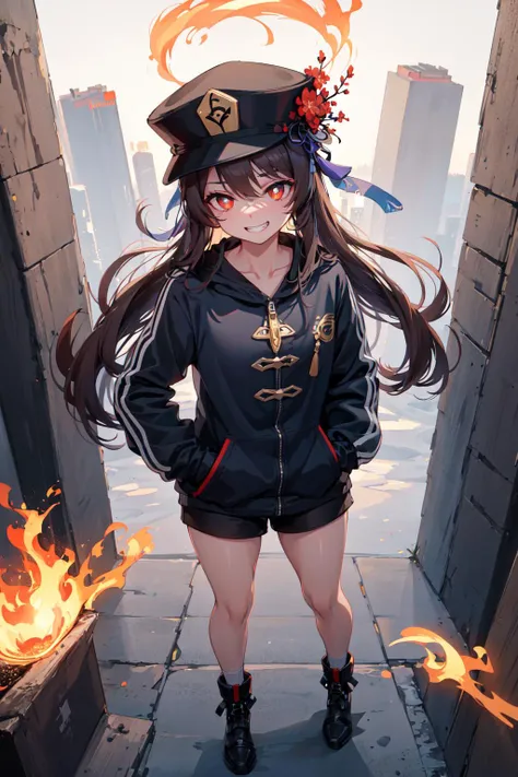 (((masterpiece))), 4k res, highly detailed, (((extremely detailed eyes))), detailed background, cinematic lighting, crystal clear eyes, 1girl, high quality, highres, ultra-detailed, 8k, best quality, 1girl, solo,  shadow, backlighting, light particles, Thick Eyelashes, Wide Sleeve, thick thighs, (masterpiece:1.3), (the best quality:1.2), (super fine illustrations:1.2), (Masterpiece), high quality, high detail,(SOLO:1.4),((round image)),[(cyberpunk:1):5], cyberpunk,{hands hidden}, {{{hands in pockets}}}, whole body, hair ornament, from above, hu tao (genshin impact), hat, flower on hat,brown hair, twintails, red eyes, flower-shaped pupils, evil grin, small breasts, short shorts, arms behind back, pyrokinesis, boo tao