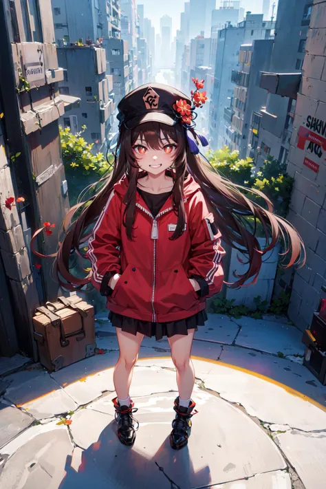 (((masterpiece))), 4k res, highly detailed, (((extremely detailed eyes))), detailed background, cinematic lighting, crystal clear eyes, 1girl, high quality, highres, ultra-detailed, 8k, best quality, 1girl, solo,  shadow, backlighting, light particles, Thick Eyelashes, Wide Sleeve, thick thighs, (masterpiece:1.3), (the best quality:1.2), (super fine illustrations:1.2), (Masterpiece), high quality, high detail,(SOLO:1.4),((round image)),[(cyberpunk:1):5], look at viewer, cyberpunk,{hands hidden}, {{{hands in pockets}}},{{hands in sleeves}}, whole body, hair ornament, thick, from above, hu tao (genshin impact), hat, flower on hat,brown hair, twintails, red eyes, flower-shaped pupils, evil grin,