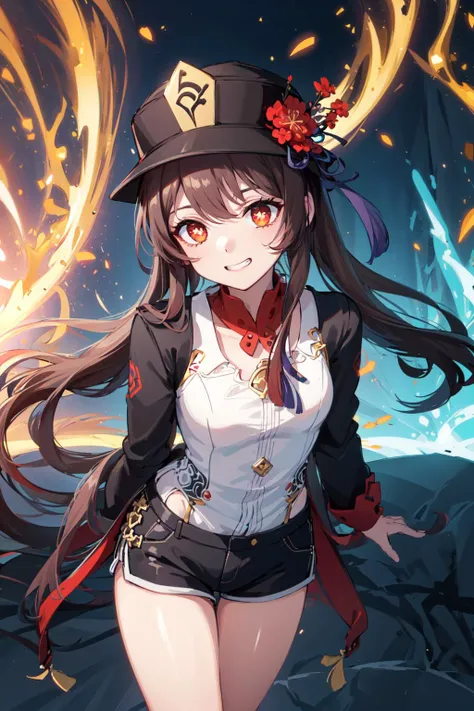 (((masterpiece))), 4k res, highly detailed, (((extremely detailed eyes))), detailed background, cinematic lighting, crystal clear eyes, 1girl, high quality, highres, ultra-detailed, 8k, best quality, 1girl, solo,  shadow, backlighting, light particles, Thick Eyelashes, Wide Sleeve, thick thighs, (masterpiece:1.3), (the best quality:1.2), (super fine illustrations:1.2), (Masterpiece), high quality, high detail,(SOLO:1.4),((round image)),[(cyberpunk:1):5], cyberpunk, whole body, hair ornament, from above, hu tao (genshin impact), hat, flower on hat,brown hair, twintails, red eyes, flower-shaped pupils, evil grin, small breasts, short shorts, arms behind back, pyrokinesis, boo tao, hide hands