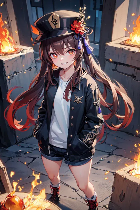 (((masterpiece))), 4k res, highly detailed, (((extremely detailed eyes))), detailed background, cinematic lighting, crystal clear eyes, 1girl, high quality, highres, ultra-detailed, 8k, best quality, 1girl, solo,  shadow, backlighting, light particles, Thick Eyelashes, Wide Sleeve, thick thighs, (masterpiece:1.3), (the best quality:1.2), (super fine illustrations:1.2), (Masterpiece), high quality, high detail,(SOLO:1.4),((round image)),[(cyberpunk:1):5], look at viewer, cyberpunk,{hands hidden}, {{{hands in pockets}}}, whole body, hair ornament, from above, hu tao (genshin impact), hat, flower on hat,brown hair, twintails, red eyes, flower-shaped pupils, evil grin, small breasts, short shorts, arms behind back, pyrokinesis,