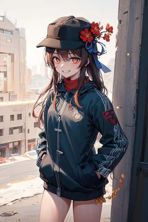 (((masterpiece))), 4k res, highly detailed, (((extremely detailed eyes))), detailed background, cinematic lighting, crystal clear eyes, 1girl, high quality, highres, ultra-detailed, 8k, best quality, 1girl, solo,  shadow, backlighting, light particles, Thick Eyelashes, Wide Sleeve, thick thighs, (masterpiece:1.3), (the best quality:1.2), (super fine illustrations:1.2), (Masterpiece), high quality, high detail,(SOLO:1.4),((round image)),[(cyberpunk:1):5], look at viewer, cyberpunk,{hands hidden}, {{{hands in pockets}}},{{hands in sleeves}}, whole body, hair ornament, from above, hu tao (genshin impact), hat, flower on hat,brown hair, twintails, red eyes, flower-shaped pupils, evil grin, cowboy shot, small breasts,