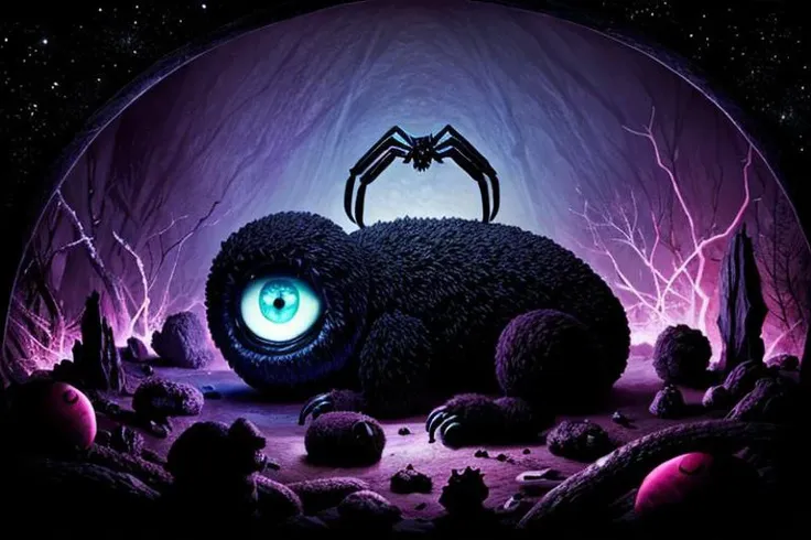 Aesthetic: cosmic horror, Lovecraft, eldritch, H.R. Giger, existential dread, ancient gods, cosmic entities, black widow spider dragging a teddy bear in its mouth, (eight glowing spider crystal ruby eyes), Divinity, halo, under the bed, ctsp1d3r,