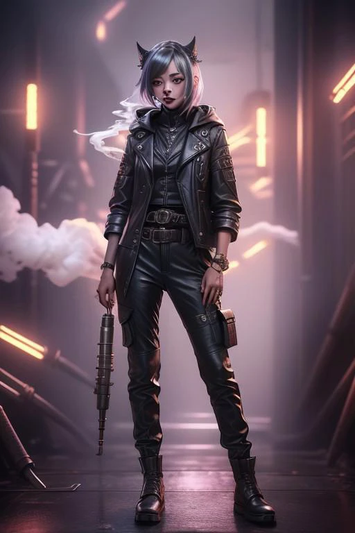 masterpiece, ((highest quality, full body, looking at viewer, 1man, 25 years old, fit, perfect human face, detailed, leather vest with straps, cargo trousers,  <lora:Gothpunkgirl-000009:0.7>, (smoking a sigarette), flamethrower in hands)), (leather raincoat,{digital|hitech|technical}), (trophy on a belt)