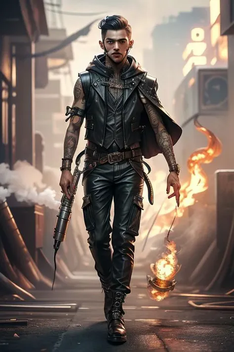 masterpiece, ((highest quality, full body, looking at viewer, 1man, 25 years old, manly chin, fit, perfect human face, detailed, leather vest with straps, cargo trousers,  <lora:Gothpunkgirl-000009:0.7>, (smoking a sigarette), flamethrower in hand, a bunch of tentacles instead of other hand)), (leather cloak, (the edge of the cloak splits into curved tentacles)), (trophy on a belt)