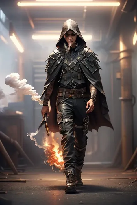 masterpiece, ((highest quality, full body, looking at viewer, 1man, 25 years old, manly chin, fit, perfect face, detailed, leather vest with straps, cargo trousers,  <lora:Gothpunkgirl-000009:0.7>, ((smoking sigarette)), flamethrower in right hand)), (leather cloak, (the  curved stripes from under bottom edge of the cloak, (bottom edge of the cloak))), (trophy on a belt)