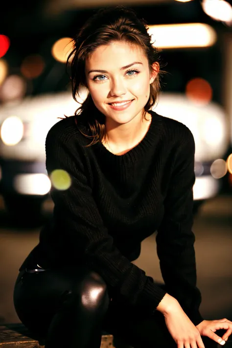 professional photograph, RAW, (close up), suz1w4rd, grin, smile, sitting, pretty eyes, beauty shot, oversized white sweater, detailed, sharp focus, dramatic, cinematic lighting, volumetrics dtx, (film grain, blurry background, bokeh, depth of field), (masterpiece), <lora:susan_ward:1>, solo, shiny black leggings,
