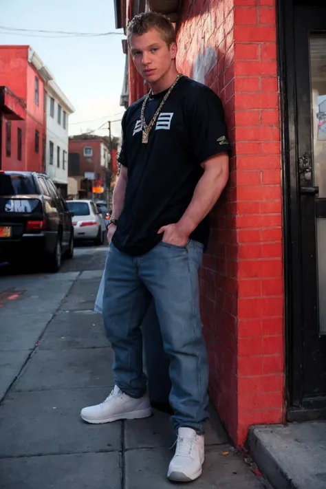 full body, caucasian jmh wearing <lora:jmh_epoch_8:0.8>, (smirk:0.5), wearing edg90hh_clothing <lora:edg90hh:0.9>, standing outside Bodega
