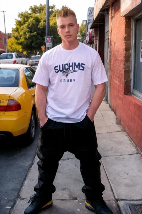 full body, caucasian jmh wearing <lora:jmh_epoch_8:0.8>, wearing shirt and pants, (smirk:0.5), wearing edg90hh_clothing <lora:edg90hh:0.9>, standing outside Bodega, spiky hair