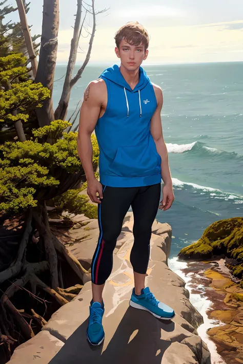 illustration of jmh <lora:jmh_epoch_8:1>, wearing a sleeveless hoodie and leggings and sneakers, Pacific Northwest forest, standing on a cliff, ocean and forest background, natural lighting, shoulder tattoos