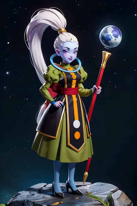 vados, blue skin, white hair, ponytail, purple eyes, blue skin, purple lipstick, dress, puffy sleeves, sash, heels, looking at viewer, smiling, full body shot,holding a staff, standing, outside, space, on asteroid, high quality, masterpiece, <lora:ANIME_DragonBallSuper_Vados_ownwaifu:.8>