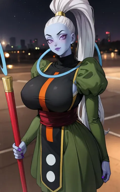 Dress_DragonBallSuper_Vados_ownwaifu,  
1girl, blue skin, white hair, hair pulled back, high ponytail, purple eyes, colored skin, alien, long hair, very long hair, lipstick, makeup, purple lips, breasts, large breasts, eyelashes,  jewelry, purple nails,
puffy sleeves, long sleeves, dress, juliet sleeves, sash, green skirt,  puffy long sleeves, turtleneck,
<lora:ANIME_DragonBallSuper_Vados_ownwaifu:1>,
((masterpiece)),((best quality)),(highres, absurdres), original, bokeh, depth_of_field, scenery, spotlight, focused, looking at viewer, solo, cowboy shot,