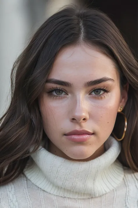 futuramadison9775v5, Portrait of pretty young (18-year-old) Caucasian wearing a ((high neck sweater))<lora:epi_noiseoffset2:1> BREAK , BREAK (masterpiece, extremely detailed skin, photorealistic, heavy shadow, dramatic and cinematic lighting, key light, fill light), sharp focus, BREAK epicrealism