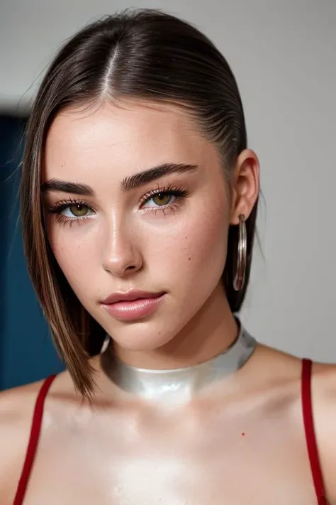 (CR-MadisonBeer-futurafree:0.9), (closeup:1.0) photo of woman in grey studio, (slick undercut hair:1.0), (oiled shiny skin:1.0),
8k UHD highres, high quality,