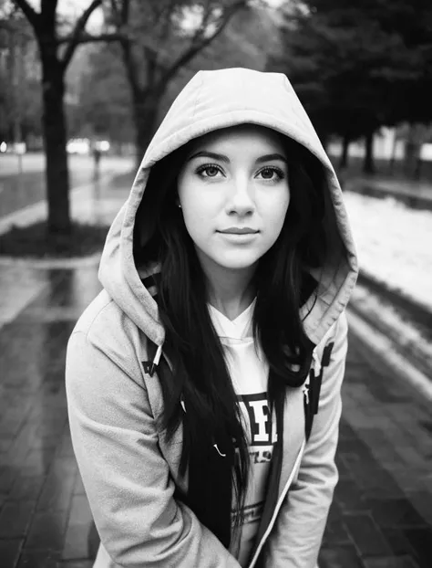 lml, film grain, rainy, woman with hoodie <lora:LOMO LC-A MINITAR:0.7>