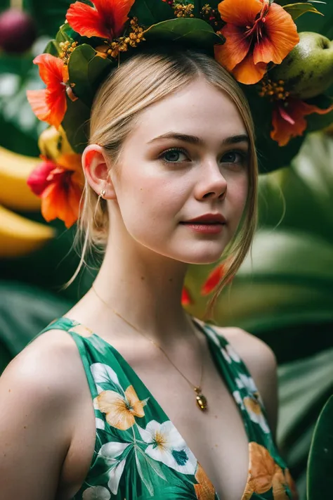 ElleF_SoloTI_v1,
(In a vibrant tropical dress, with a hibiscus flower in her hair, for a lively and exotic look), ((A bustling tropical fruit market at midday, with an array of colorful fruits and the scent of ripe mangoes in the air, festive atmosphere)), (seductive:1.3),(analog, cinematic, film grain, hazy atmosphere, cinematic shot:1.3),
epiCPhoto