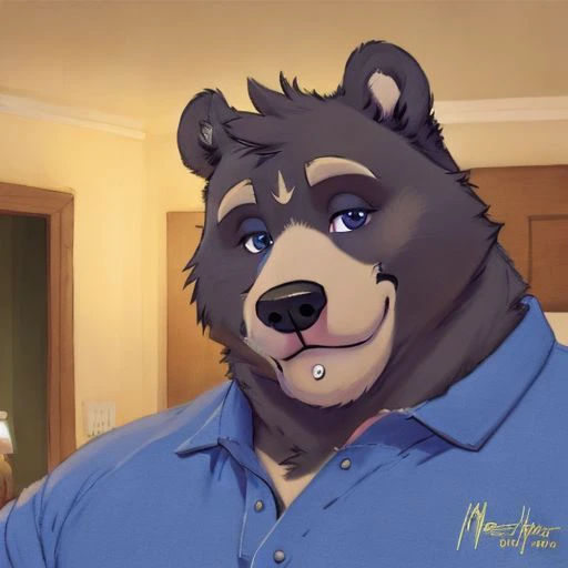 Amicus, Bear, Happy, bedroom, Detailed eyes, focus face, by meesh