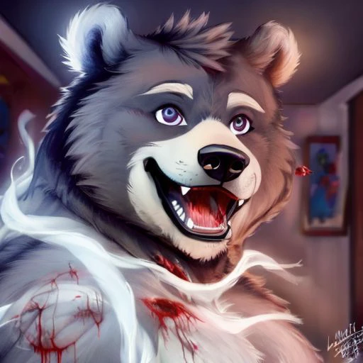 Amicus, Bear, Happy, bedroom, Detailed eyes, focus face, Headshot, gore, Ghost, Death
