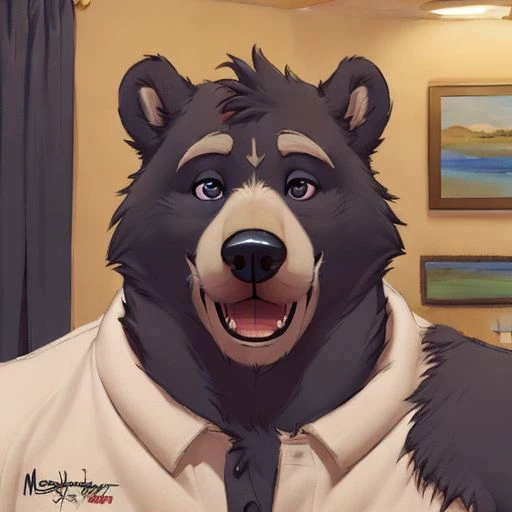 Amicus, Bear, Happy, bedroom, Detailed eyes, focus face, by meesh, Headshot, gore