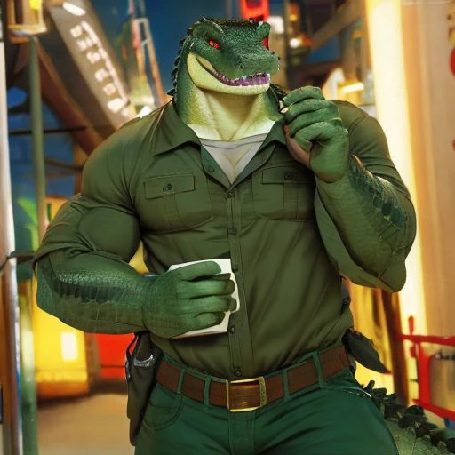 Alligator, Man, dark green, with scales, normal clothes, happy, red eyes, Muscular