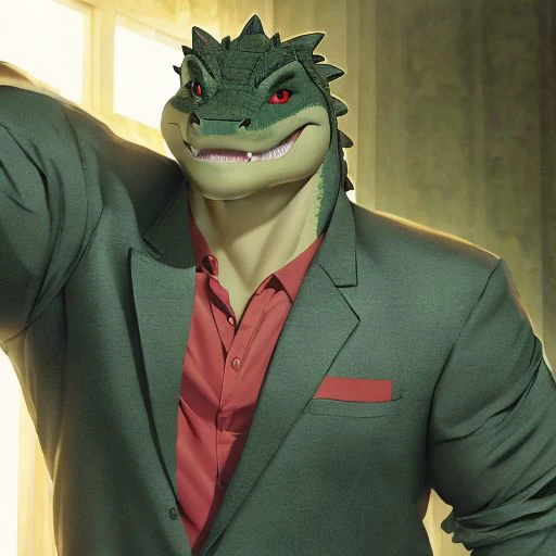 Alligator, Man, dark green, with scales, normal clothes, happy, red eyes, Muscular