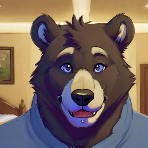 Amicus, Bear, Happy, bedroom, Detailed eyes, focus face, by meesh, Headshot, gore, Ghost, Death, Fear