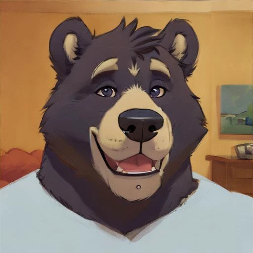 Amicus, Bear, Happy, bedroom, Detailed eyes, focus face, by meesh, Headshot