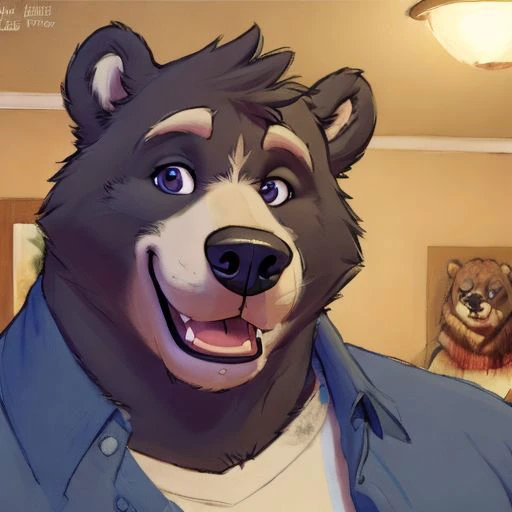 Amicus, Bear, Happy, bedroom, Detailed eyes, focus face, by meesh, Headshot, gore