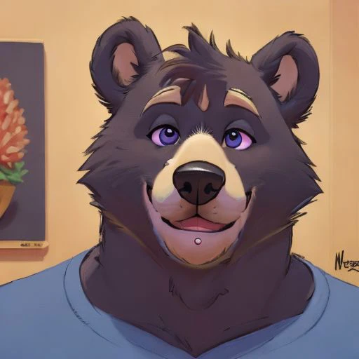 Amicus, Bear, Happy, bedroom, Detailed eyes, focus face, by meesh, Headshot