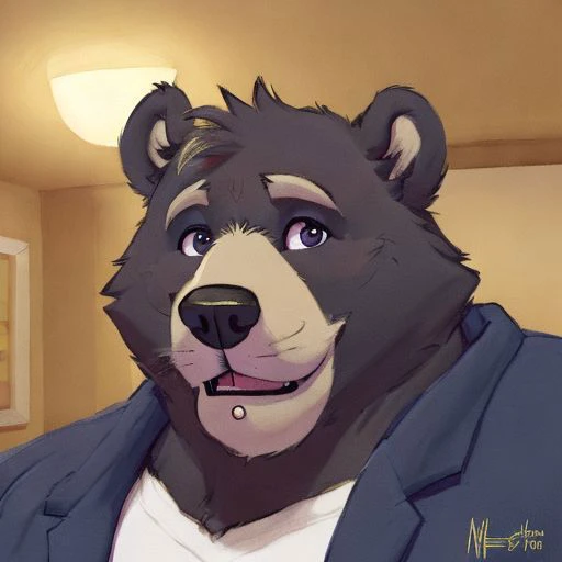 Amicus, Bear, Happy, bedroom, Detailed eyes, focus face, by meesh, Headshot