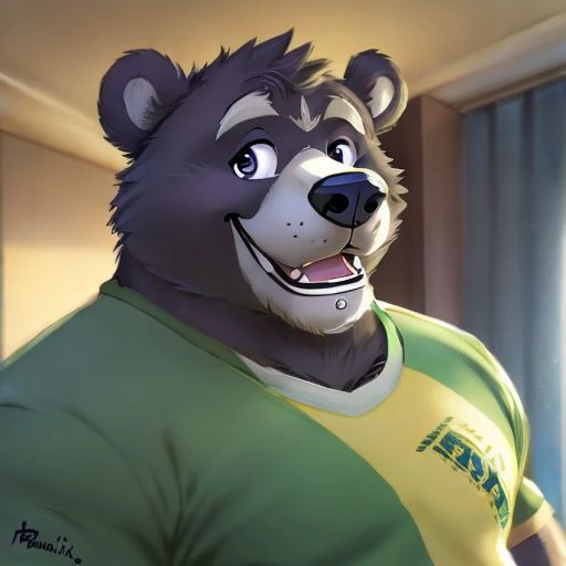 Amicus, Bear, Happy, bedroom, Detailed eyes, focus face, Brazil football shirt