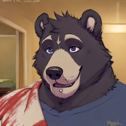 Amicus, Bear, Happy, bedroom, Detailed eyes, focus face, by meesh, Headshot, gore