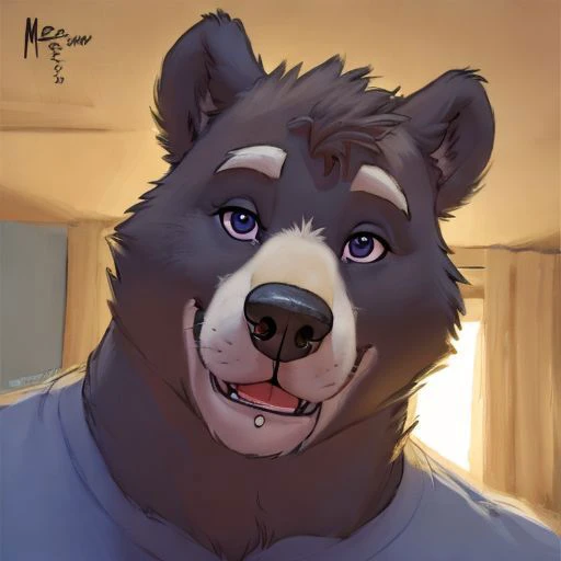 Amicus, Bear, Happy, bedroom, Detailed eyes, focus face, by meesh, Headshot