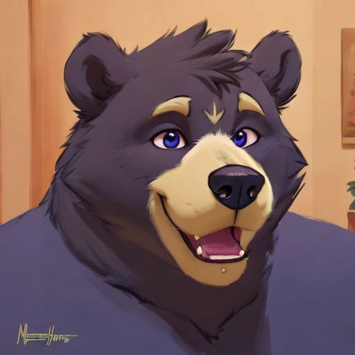 Amicus, Bear, Happy, bedroom, Detailed eyes, focus face, by meesh, Headshot, gore, Ghost