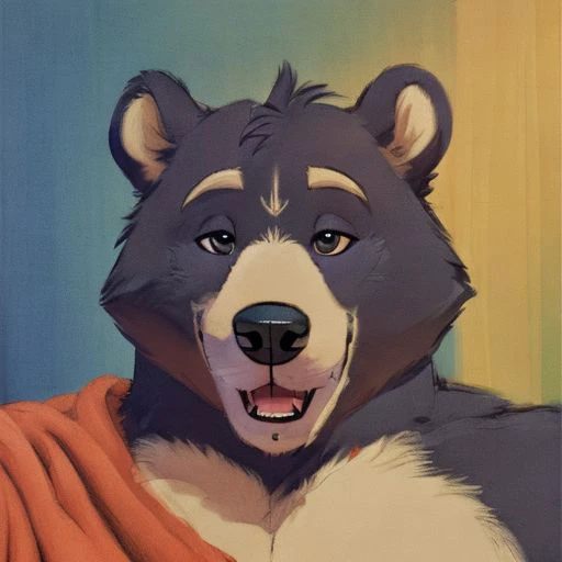 Amicus, Bear, Happy, bedroom, Detailed eyes, focus face, by meesh, Headshot, gore