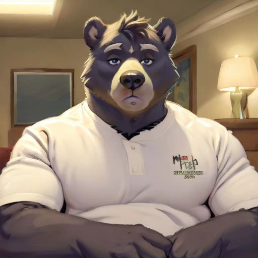 Amicus, Bear, Serious, bedroom, Detailed eyes, focus face, by meesh