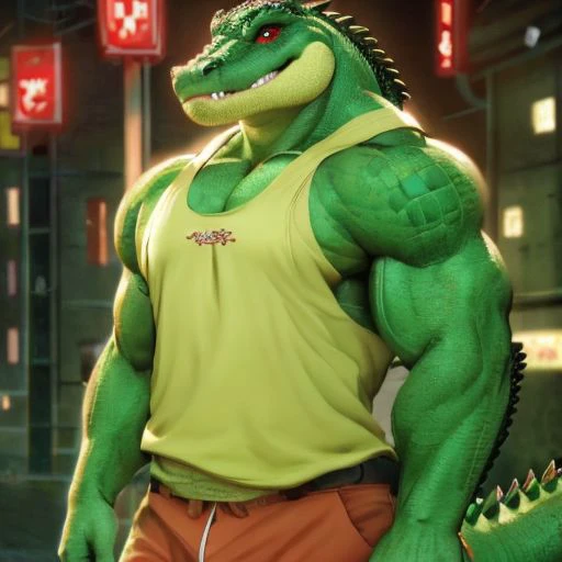 Alligator, Man, dark green, with scales, normal clothes, happy, red eyes, Muscular