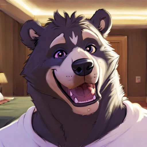 Amicus, Bear, Happy, bedroom, Detailed eyes, focus face, by meesh, Headshot, gore, Ghost, Death