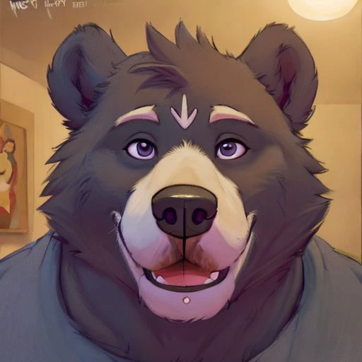 Amicus, Bear, Happy, bedroom, Detailed eyes, focus face, by meesh, Headshot, gore