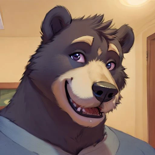 Amicus, Bear, Happy, bedroom, Detailed eyes, focus face, by meesh, Headshot, gore